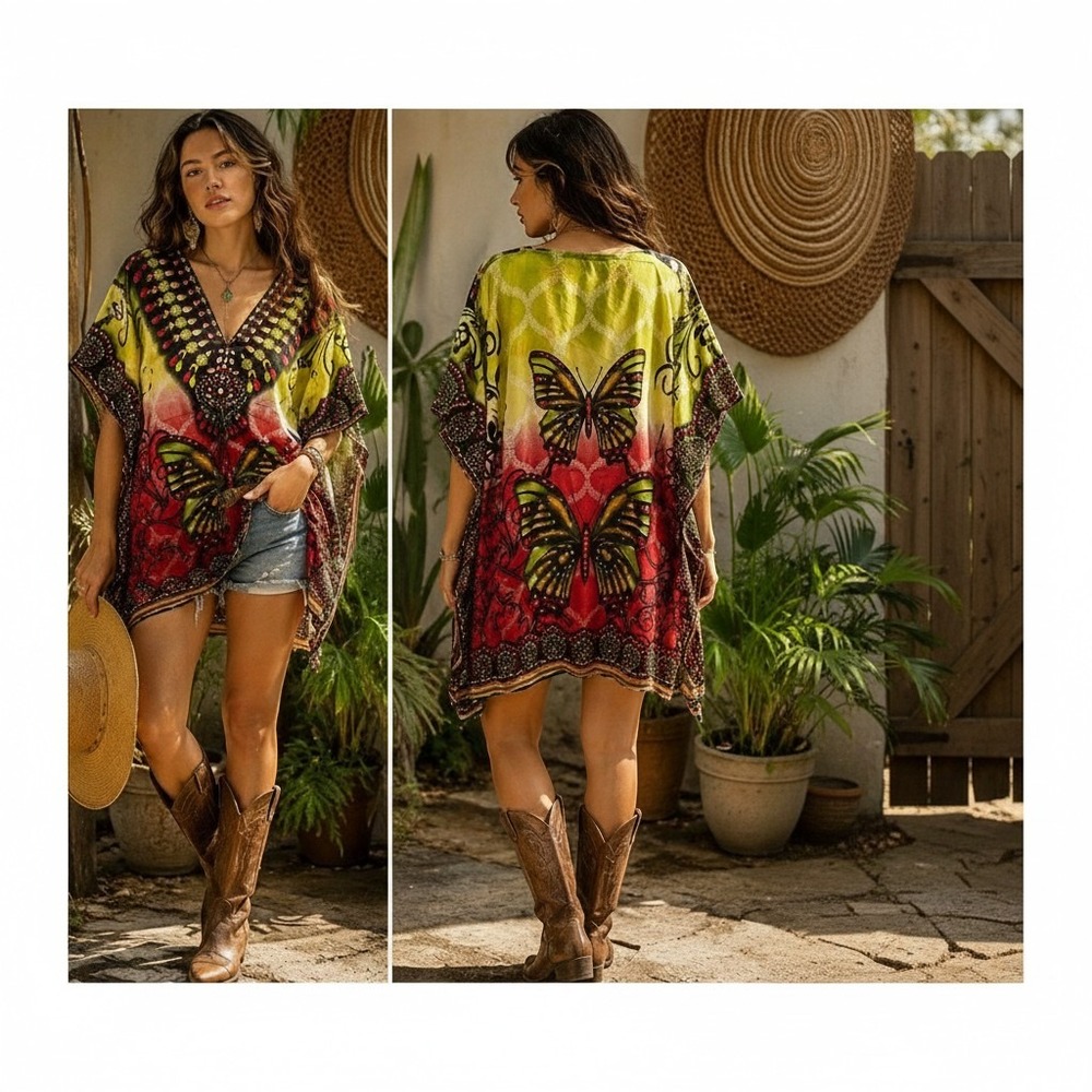 Laddi Butterfly Kaftan Tunic OS Red Lime Green Boho Drawstring Waist Boxy Wild